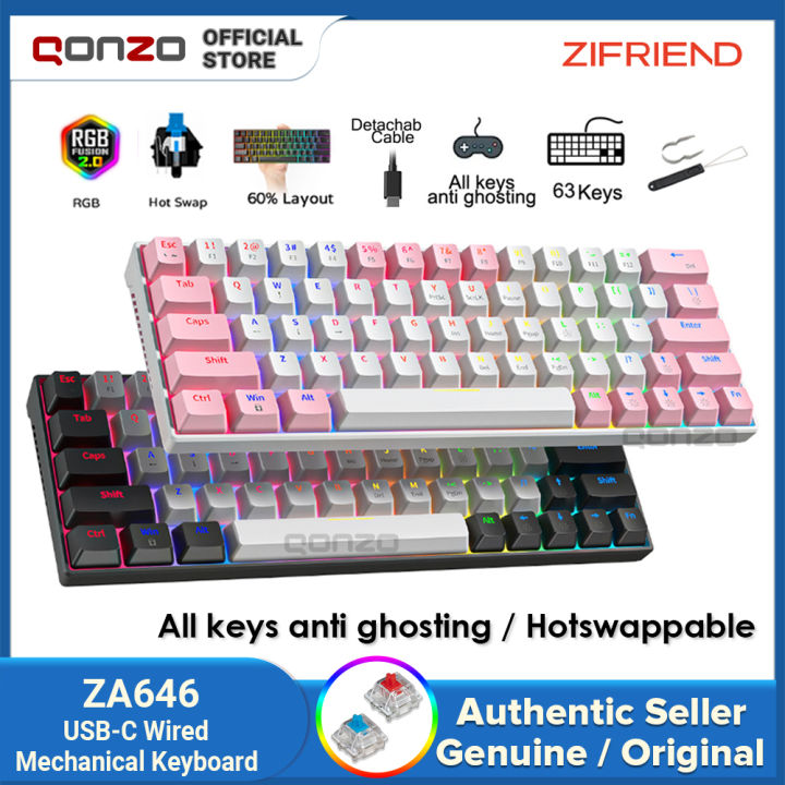 ZIFRIEND แป้นพิมพ์สำนักงาน ZA646สำหรับเล่นเกมมีสาย63คีย์ไฟ RGB Backlit 60% USB-C มีคีย์คีย์บอร์ดแบบกลไกสีฟ้า/สวิทช์สีแดงแบบ Hotswappable จาก Qonzo