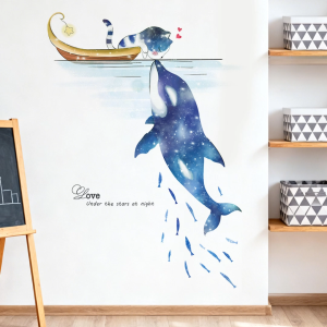 Decal giấy dán tường mèo con chơi cùng cá voi dưới ánh sao Có keo sẵn Trang trí phòng kháchphòng ngủ