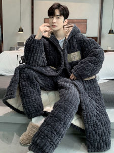 ชุดนอนชาย ผ้าขนแกะคอรัล ชุดนอนแขนยาวมีฮู้ด ชุดนอนแบบสามชั้นหนา ชุดนอนฤดูหนาว ชุดอยู่บ้าน เสื้อคลุมกันหนาวแบบสวมหัว
