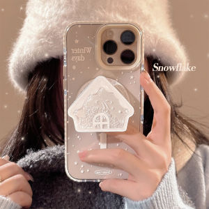 Korean Cute Snowflake House Quicksand Magnetic Bracket Phone Case for iPhone 17 16 15 14 12 13 11 Pro Max Clear Shockproof Cover