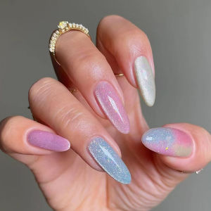 Medium long fake nails for women girls pink blue cat eyes glossy shimmer ballet almond nail tips full cover press on false nail