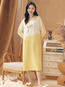 LUNILAI | ชุดนอนผู้หญิง Funi ฤดูใบไม้ผลิและฤดูใบไม้ร่วง Pure Cotton ใหม่สบาย กระโปรงยาวคอวีแขนยาวพิมพ์ลาย ชุดอยู่บ้านสำหรับสวมใส่กลางแจ้ง