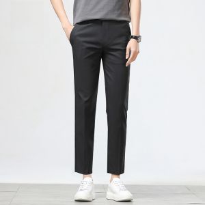 ROMON | Romon Mens Slim Fit Casual Pants Summer Thin Ice Silk Business Casual Tencel Nine-Tenths Straight Leg Pants Fashionable