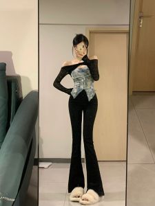 Quần Ống Loe Cạp Cao Dài Thường Ngày Cho Nữ Mùa Thu Quần Jeans Ống Rộng Màu Tối Quần Dài