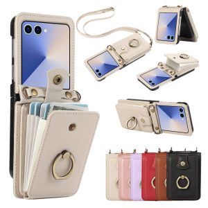 szhaiyu | Crossbody Leather Card Holder Wallet Case for Samsung Galaxy Z Flip 8 7 6 5 4 Flip8 Finger Ring Lanyard Pocket Cover Purse