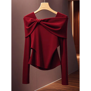 Chic Wine Red Butterfly Knot T-Shirt Womens Inner Wear Top Design Sensation Small Audience Autumn Winter Fashion Clothes