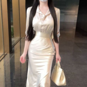 ชุดเสื้อเชิ้ตและกระโปรงทรงหางปลาสองชิ้นสไตล์เจ้าหญิงสุดหรูหราพร้อมเสื้อเชิ้ตคอโปโลแขนยาวผ้าฝ้ายลายดอกไม้สำหรับฤดูใบไม้ร่วง