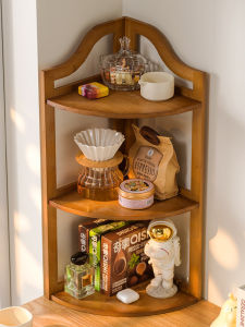 Real Wood Kitchen Storage Rack Cosmetics Coffee Utensils Cup Organizer Desktop Corner Shelf Vintage Style Home Organizer