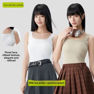 Miiow | Lace Trim White Strap Vest Womens Integrated Padded Camisole Base Layer Beautiful Back Bra Top Outerwear Slimming Effect