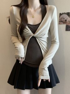 Flattering Sweet-and-Spicy Design Neck-hanger Long Sleeve Cardigan Top for Big Sizes Early Autumn