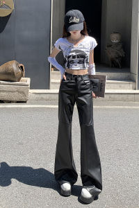 American Style High Waist PU Leather Pants Womens Black Bell Bottom Trousers Spring Autumn New Design Slimming Loose Fit
