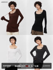 Áo Thun Dài Tay Cổ Chữ U Ôm Vừa Vặn AIRHOOD Mùa Thu 2024 Áo Thun Cotton Lót Lụa Mùa Thu Cho Nữ