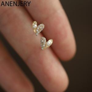 ANENJERY Silver Color Micro Zircon Love Heart Pearl MIni Stud Earrings For Women Light Luxury Temperament Girl Jewelry