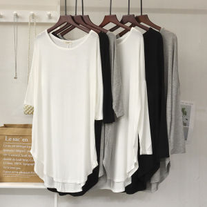 Loose Modal Large T-shirt Womens Spring and Autumn Hip-Covering Slimming Long Sleeves Bottoming Shirt Mid Length Long Length Half Sleeve Long Sleeve Top
