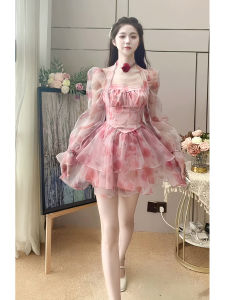 French Elegant Floral Print Dress Womens Spring Autumn New Design Slim A-Line Short Skirt High Waist Cotton Blend Long Sleeve