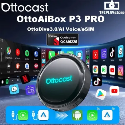 OTTOCAST P3 Pro CarPlay AI Box Android Adapter Wireless Android Auto 8GB RAM + 128GB Storage Cloud SIM Supports YouTube Netflix & TikTok Streaming