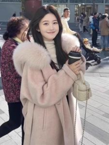 Pink Double-Faced Woolen Coat Fox Fur Collar Waist-Cinching Autumn Winter New Style Womens Fashion Commute Length Coat