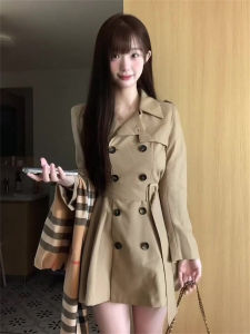 Khaki Suit Style Short Coat Womens Spring Autumn Waist-Cinching Jacket Korean Version Slim Fit Double Breasted Coat