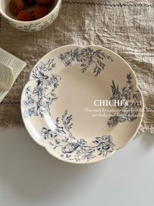 Retro Chinese Style Ceramic Dinnerware Floral Edged Dinner Plate Soup Bowl Rice Bowl Yogurt Cup Irregular Shape Kitchen Dining Set