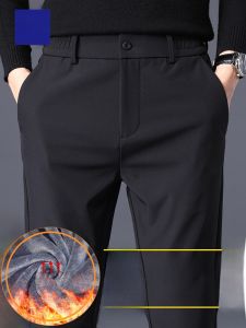ROMON | Lormen Mens Fleece Lined Slim Fit Casual Pants Thick Business West Pants Elastic Warm Long Trousers Straight Tube Fashion Urban