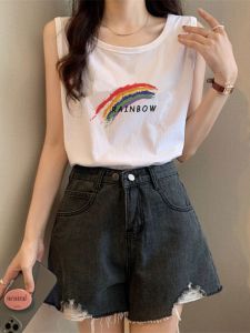 เสื้อกั๊กสปอร์ตสไตล์อเมริกันสำหรับผู้หญิงในช่วงฤดูร้อน ดีไซน์หลวมๆ แขนสั้น ไม่มีแขน เสื้อยืดคอกลม ทรงเข้ารูป