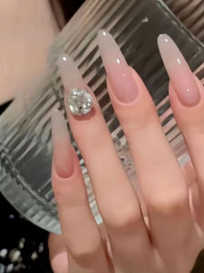 Handmade Wearable Nail Tips Ice Transparent Medium Length Nude Color Diamond Flashing Women Elegant Whiten High-End Feeling Nail Art