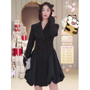 Elegant Black Suit Dress Womens Puffy Skirt Long Sleeve Autumn Winter Fashion Sense Hepburn Style Mini Dress Slimming Effect