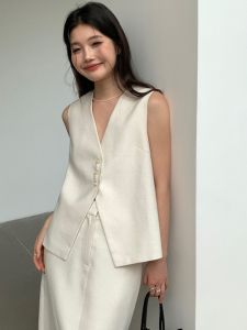 Original Morning Light Summer 2025 Slimming V-Neck Sleeveless Commute Suit Vest Womens Simple Polyester Fiber Pure Color