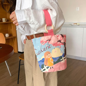Cute Canvas Bucket Bag Womens Portable Handbag Outdoor Carry-On Lunch Bag New 2025  Sweet Style Magnetic Buckle Closure
