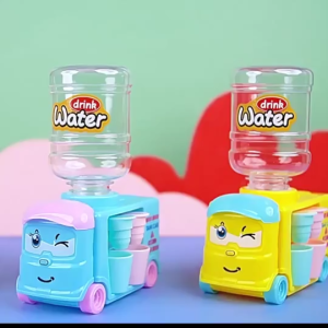 Kids Mini Water Dispenser Toy Cute Cartoon Drink Machine Dual Tap Juice Dispenser Pretend Play Toy Fun Bus Design with Built-in Lights and Sound Effects