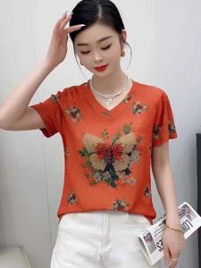 Slimming V-Neck Printed Ice Silk Cotton Short Sleeve T-Shirt for Women Summer Fashionable Mommy Style Commute Friendly Top