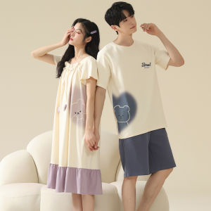 miiow | Couples Cotton Pajamas Summer Thin Short Sleeve Pants Home Clothes Set Large Size Sleepwear Casual Round Neck Cartoon Print
