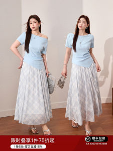 Plus Size Elegant Blue Slimming T-Shirt & Plaid Skirt Set