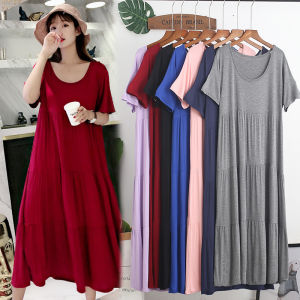 Deer in July Womens Loose Modal Summer Dress Large Size Home Sleepwear Casual Outerwear Slimming Short Sleeve Long Skirt
