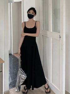 Black Strapless A-Line Dress Women Summer Inner Vest Sleeveless Gown with Chest Pad Gathered Waist Long Dress Cotton Material