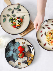 Yuzhuan Hand-Painted Ceramic Plate Chinese Style Dinnerware Home Use Porcelain Square Plate Floral Pattern round Shape Adult