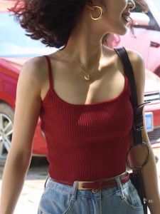 Red Hong Kong Style Retro Knitted Short Sleeve Tank Top for Women Perfect for Summer Internal and External Wear