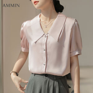 AMMIN ผ้าซาตินสำหรับผู้หญิงใหม่ฤดูร้อนผ้าซาตินแขนพองย้อนยุคเสื้อชีฟองเกาหลีอารมณ์แฟชั่นเสื้อหลวมร้อยแขนสั้นเสื้อผ้าชีฟอง