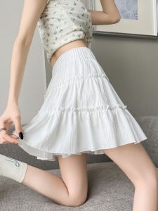 Summer 2025 New White Sweet Cake A-Line Mini Skirt Womens High Waist Pleated Fluffy Short Skirt Korean Style Polyester Knitted