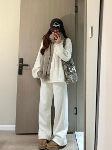 กางเกงขายาวทรงตรงสีขาวสำหรับผู้หญิง กางเกงขายาวทรงหลวมสบาย ๆ ฤดูใบไม้ผลิและฤดูใบไม้ร่วง สไตล์เกาหลี กางเกงขายาวทรงตรงสำหรับผู้หญิงส่วนตัว