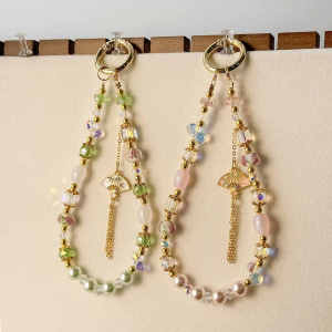 Handmade Beaded Wind Alloy Fan Mobile Phone Case Keychain Bag Ornament Lacquer Flower Decorative Accessory for Hanfu Style