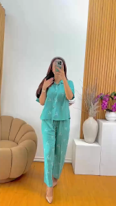 COD Oneset Rayon Motif Pita Kancing / Setelan Wanita Celana Panjang Lengan Pendek Rayon Adem Nyaman