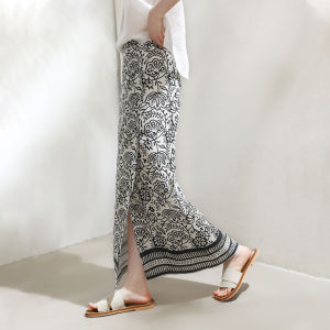 Miccbeirn | Retro Print High Slit Midi Skirt Fashion Slimming Hanflax Artistic Long Skirt Elegant Personality Womens Summer Abstract Pattern