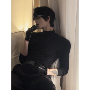 เสื้อยืดคอปกสูงครึ่งตัวสีดำ ทรงสลิมฟิต แขนยาว ผ้าเดอร์โมน สำหรับผู้ชาย เสื้อยืดคอกลม ทรงหลวม ฤดูหนาว ปกติ