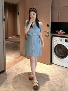 Nanxuyuan V-neck A-line Dress Womens plus Size Summer New Loose Slimming Midi Dress Casual Commute Style High Waist Short Sleeve