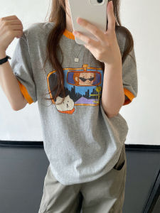 Contrast Collar Cartoon Loose Drop-shoulder Knit Short Sleeve T-Shirt