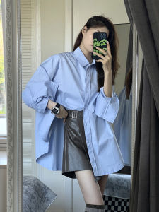Spring 2025 Womens Loose Slimming Lazy Style Shirt Casual Slit Open Cardigan Cotton Long Sleeve Polo Collar Mid-Length Coat