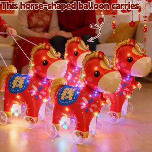 2026 Year of the Horse Walking Cart Balloon with Wheels Cartoon Zodiac Horse Walking Balloon Birthday Party Decoration Gift Good Luck Lucky Light-Up Horse Balloon