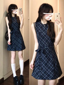 PEIZIXUAN | French Blue Sleeveless Plaid Dress