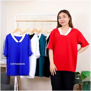 0051# เสื้อยืดกีฬาคอวี สีพื้นแฟชั่น โอเวอร์ไซส์ แต่งแถบ3เส้น ผ้าวูลเวฟ ใส่สบาย ชายหญิงใส่ได้